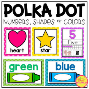 Numbers Shapes and Colors Poster Bundle in a Polka Dot Classroom Decor Theme